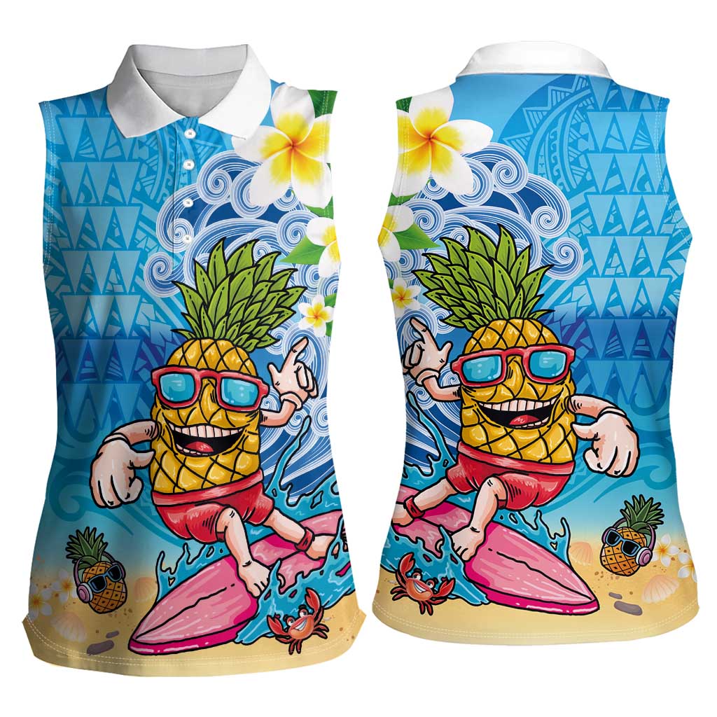 Hawaiian Funny Pineapple Surfing Women Sleeveless Polo Shirt Beach with Tribal Kakau and Plumeria LT03 - Polynesian Pride