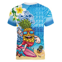 Hawaiian Funny Pineapple Surfing Women V-Neck T-Shirt Beach with Tribal Kakau and Plumeria LT03 - Polynesian Pride