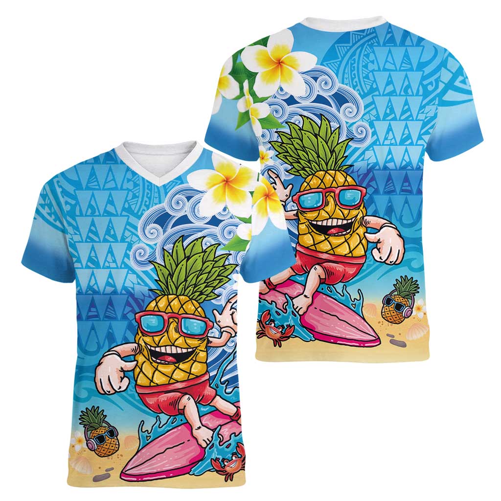 Hawaiian Funny Pineapple Surfing Women V-Neck T-Shirt Beach with Tribal Kakau and Plumeria LT03 - Polynesian Pride