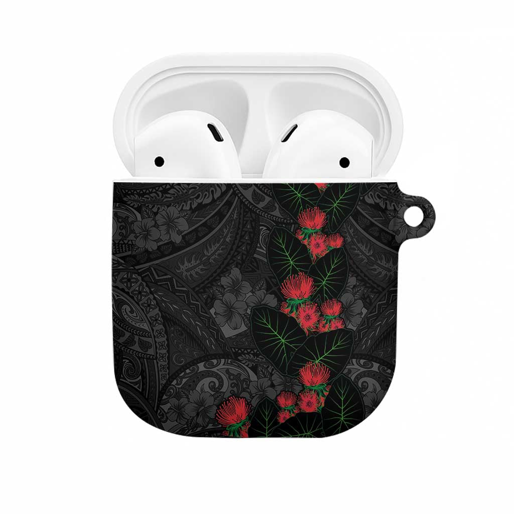 Hawaiian Taro Leaves and Ohia Lehua AirPods Case Polynesian Tribal Art Tropical Plants Motifs Grayscale