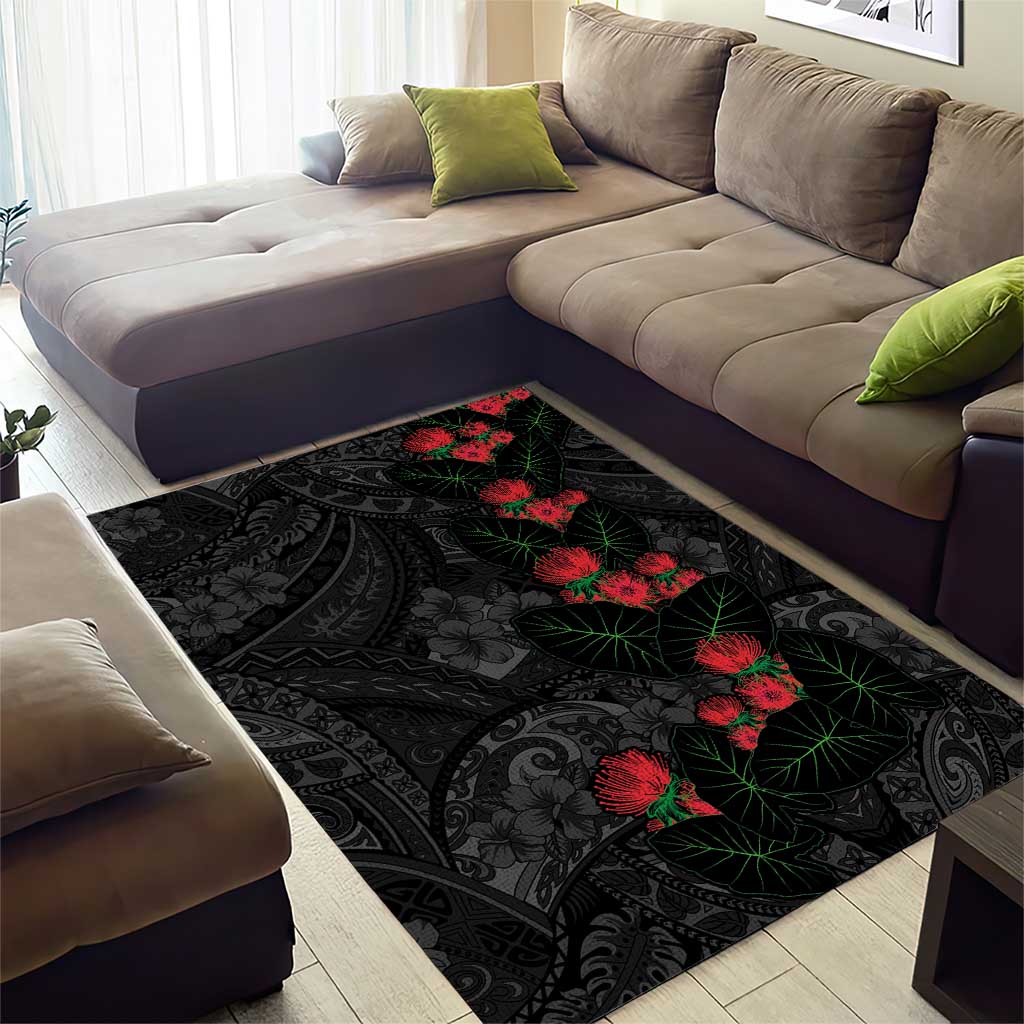 Hawaiian Taro Leaves and Ohia Lehua Area Rug Polynesian Tribal Art Tropical Plants Motifs Grayscale LT03 - Polynesian Pride