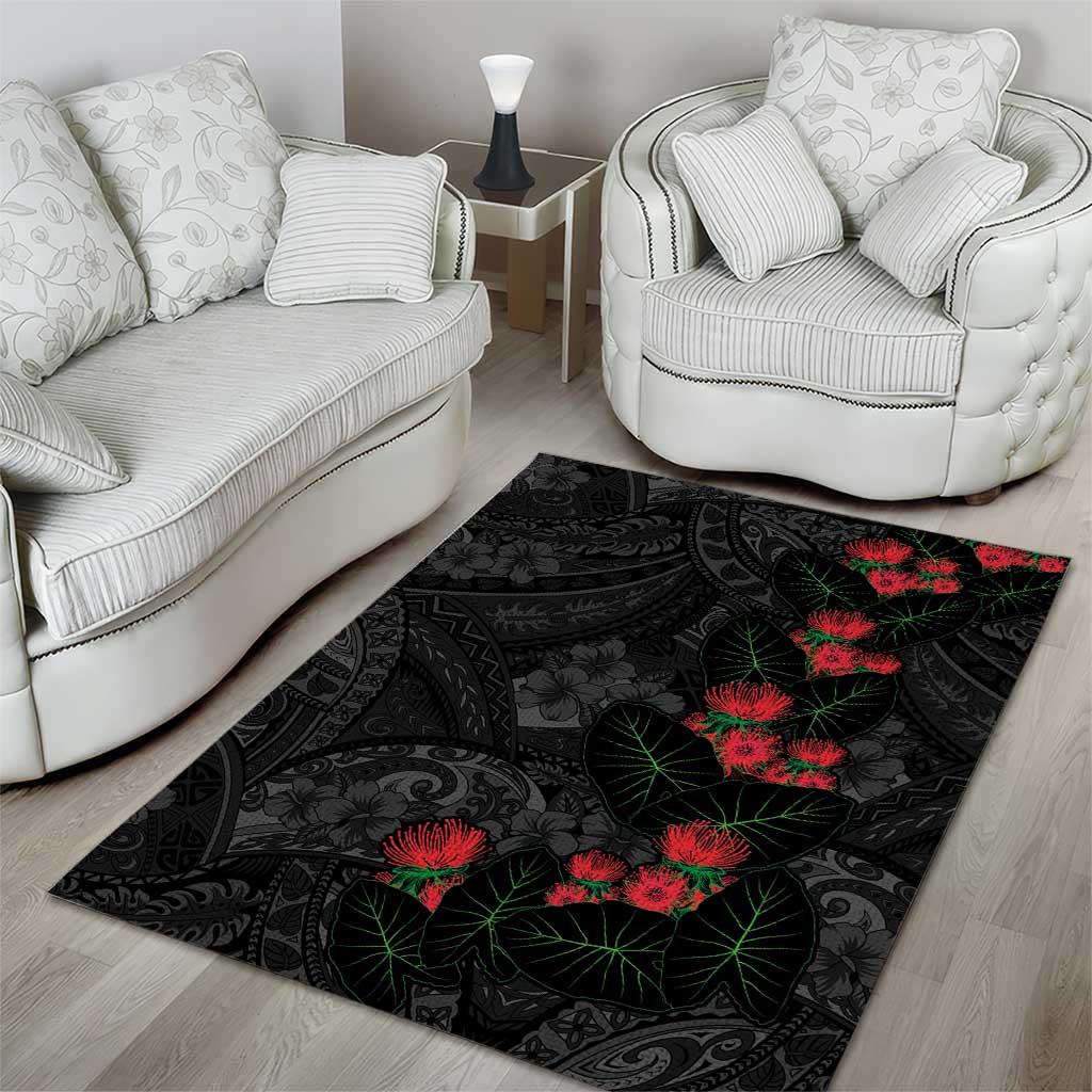 Hawaiian Taro Leaves and Ohia Lehua Area Rug Polynesian Tribal Art Tropical Plants Motifs Grayscale LT03 - Polynesian Pride