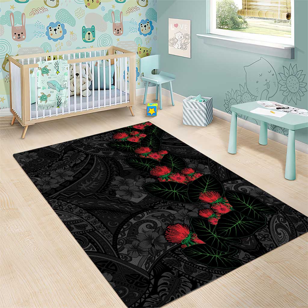 Hawaiian Taro Leaves and Ohia Lehua Area Rug Polynesian Tribal Art Tropical Plants Motifs Grayscale LT03 - Polynesian Pride