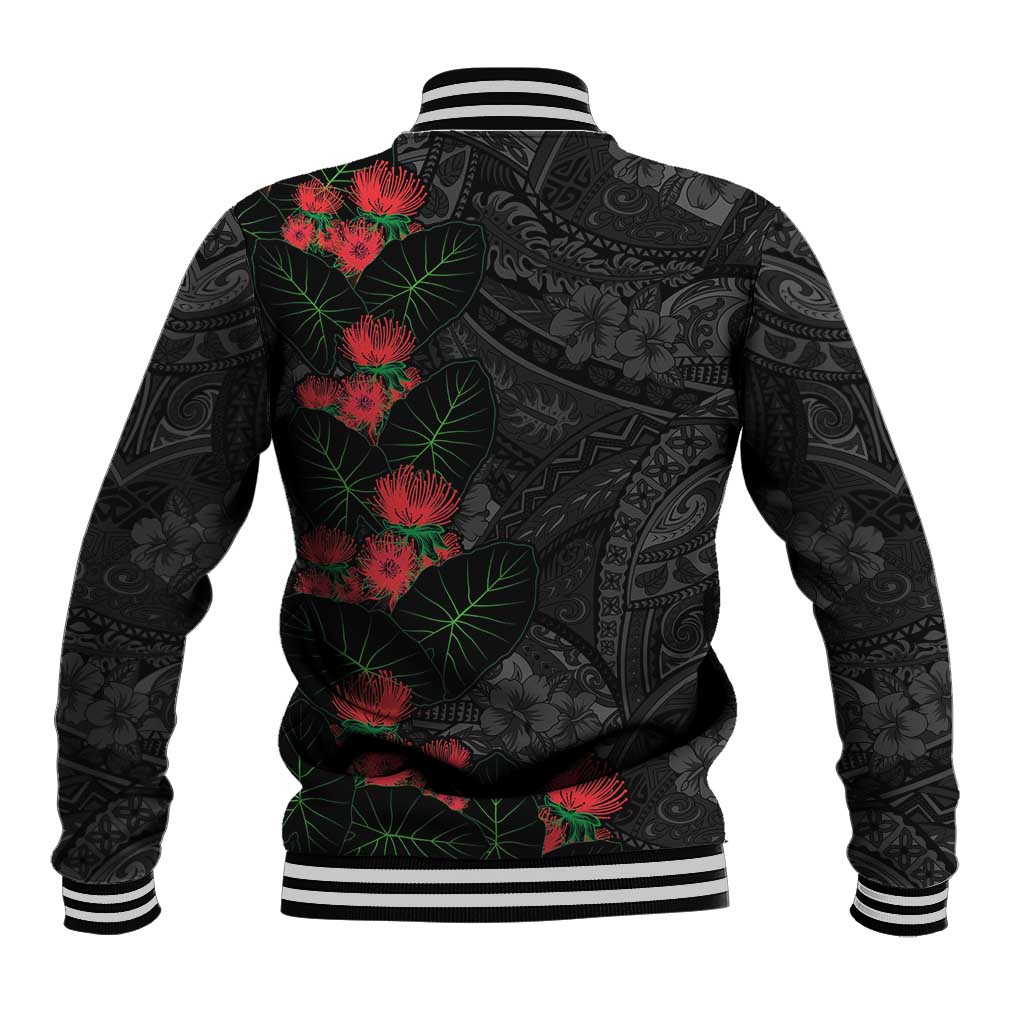 Hawaiian Taro Leaves and Ohia Lehua Baseball Jacket Polynesian Tribal Art Tropical Plants Motifs Grayscale LT03 - Polynesian Pride