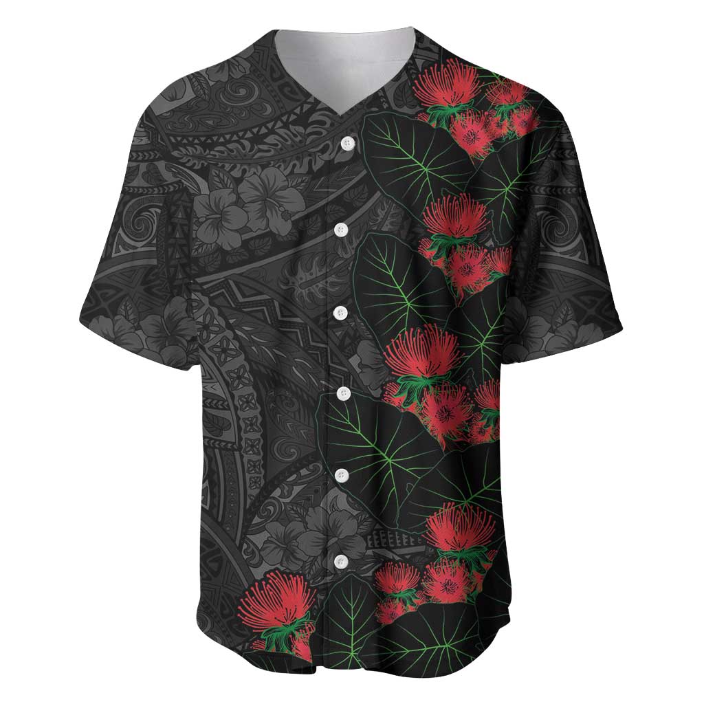 Hawaiian Taro Leaves and Ohia Lehua Baseball Jersey Polynesian Tribal Art Tropical Plants Motifs Grayscale LT03 Multicolor - Polynesian Pride