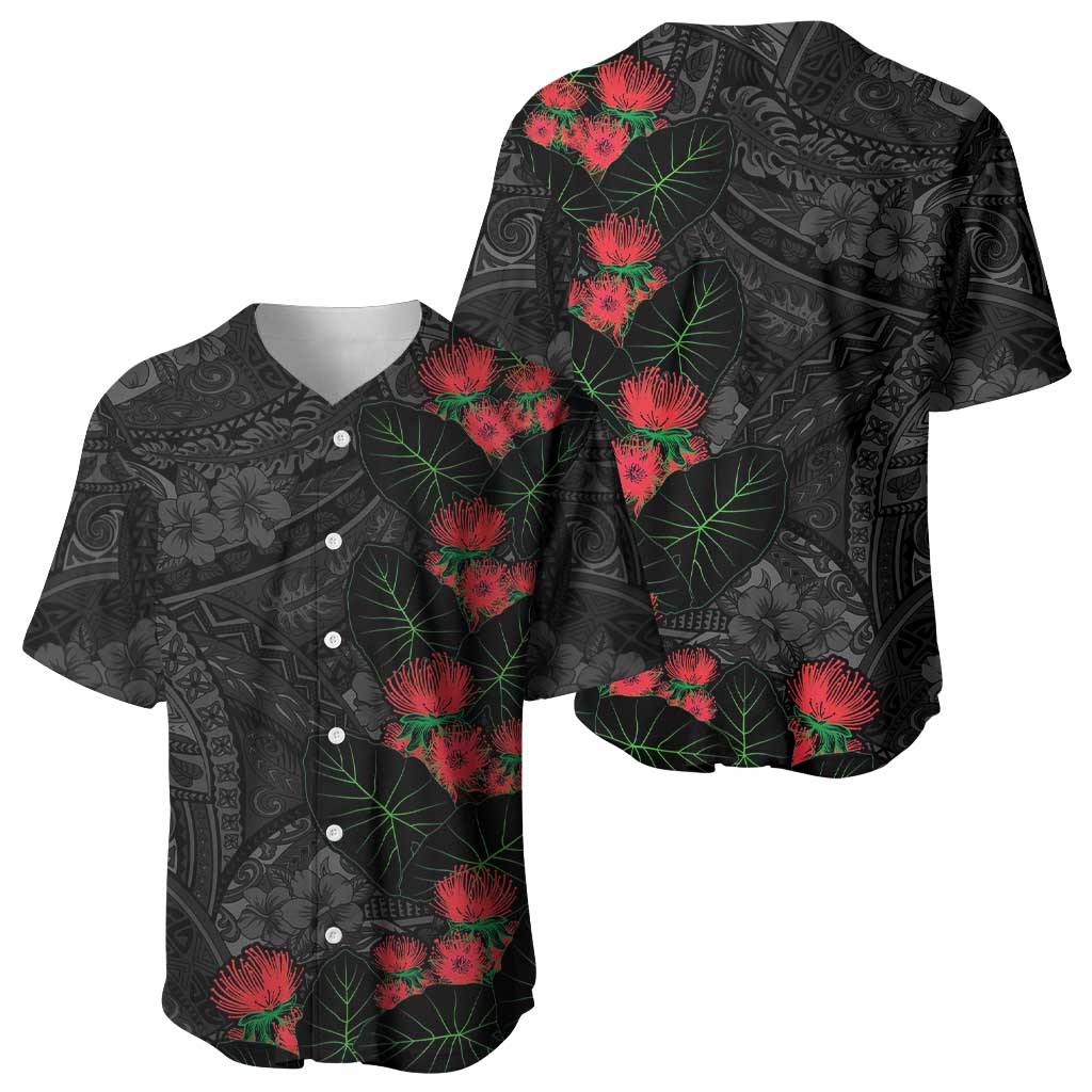 Hawaiian Taro Leaves and Ohia Lehua Baseball Jersey Polynesian Tribal Art Tropical Plants Motifs Grayscale LT03 - Polynesian Pride