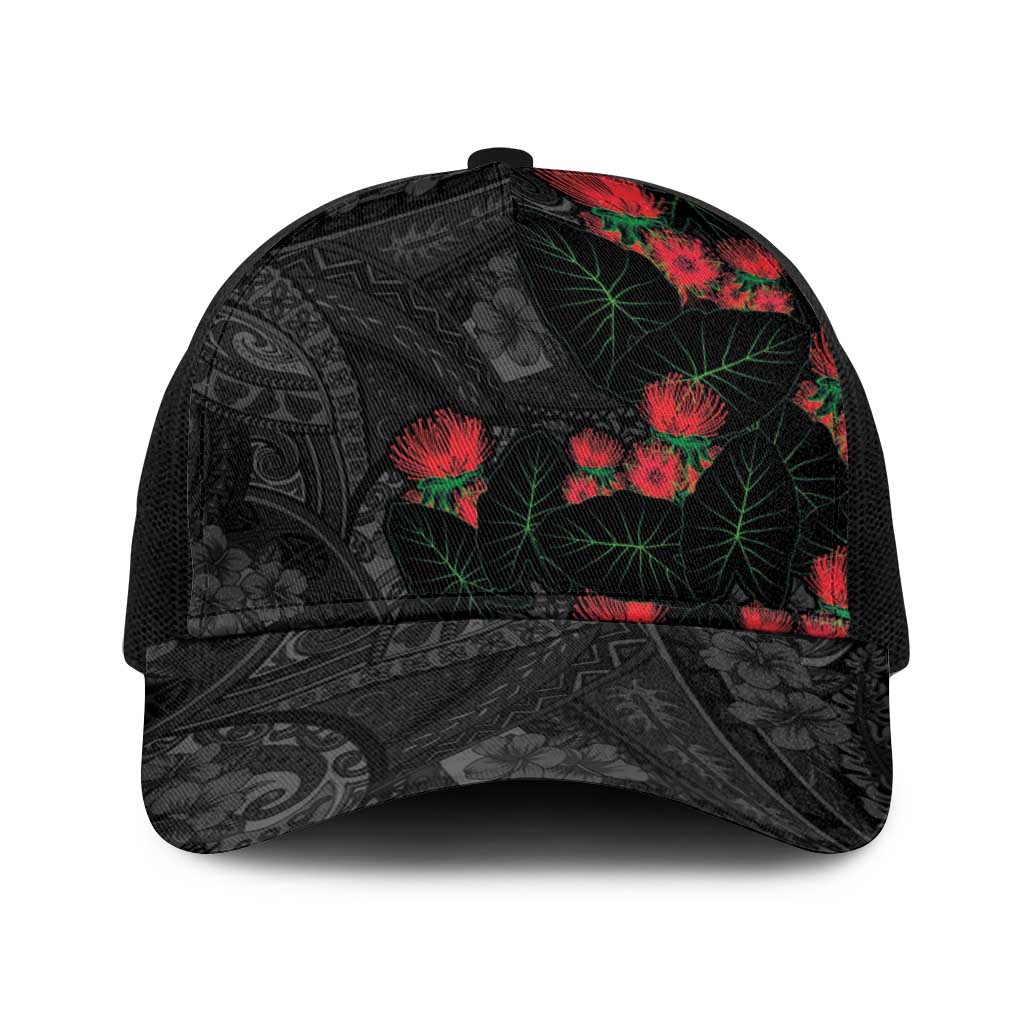 Hawaiian Taro Leaves and Ohia Lehua Baseball Net Cap Polynesian Tribal Art Tropical Plants Motifs Grayscale