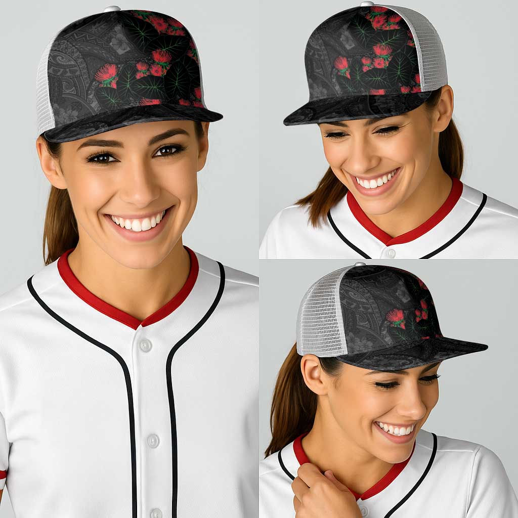 Hawaiian Taro Leaves and Ohia Lehua Baseball Net Cap Polynesian Tribal Art Tropical Plants Motifs Grayscale LT03 - Polynesian Pride