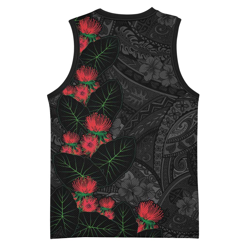 Hawaiian Taro Leaves and Ohia Lehua Basketball Jersey Polynesian Tribal Art Tropical Plants Motifs Grayscale LT03 - Polynesian Pride
