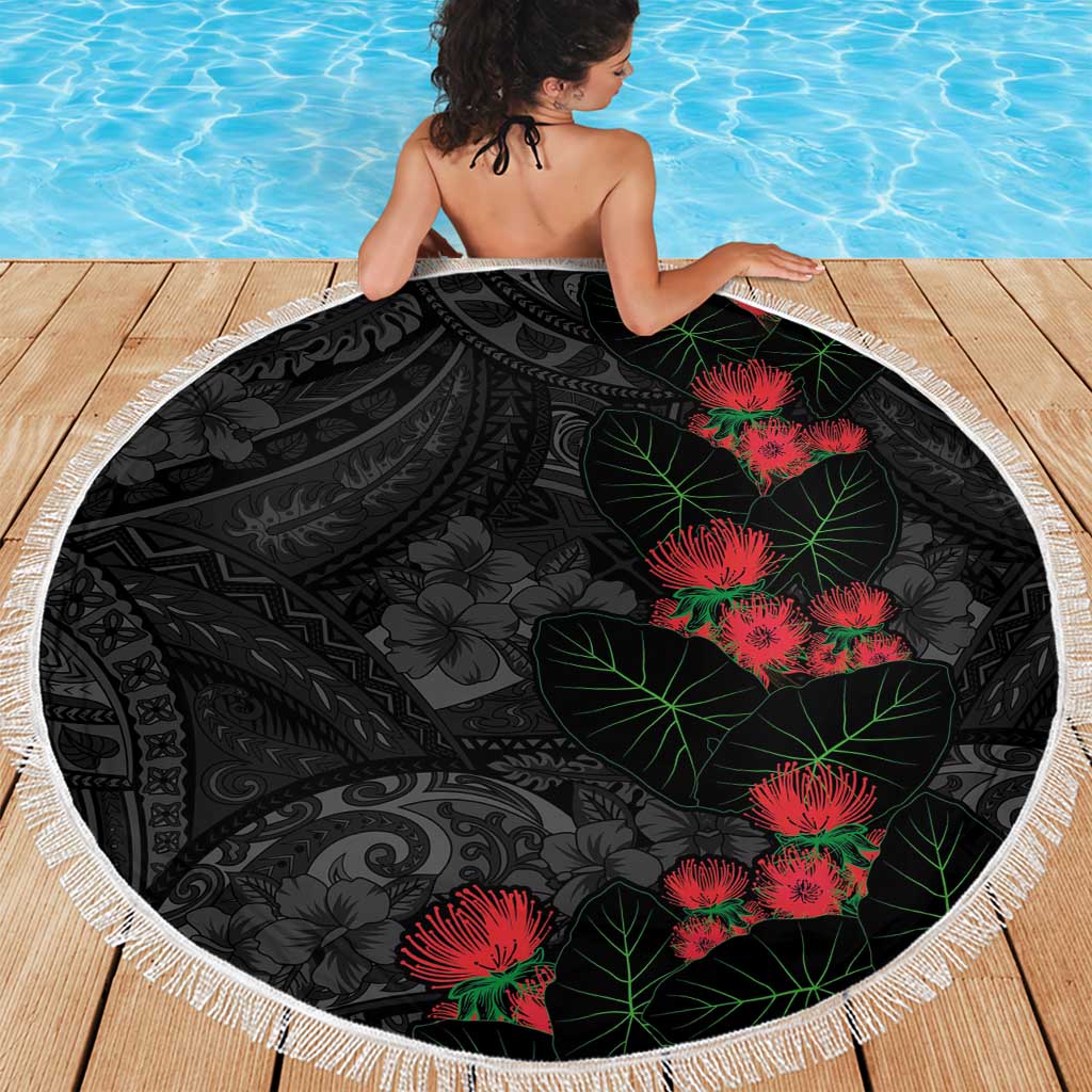 Hawaiian Taro Leaves and Ohia Lehua Beach Blanket Polynesian Tribal Art Tropical Plants Motifs Grayscale LT03 - Polynesian Pride