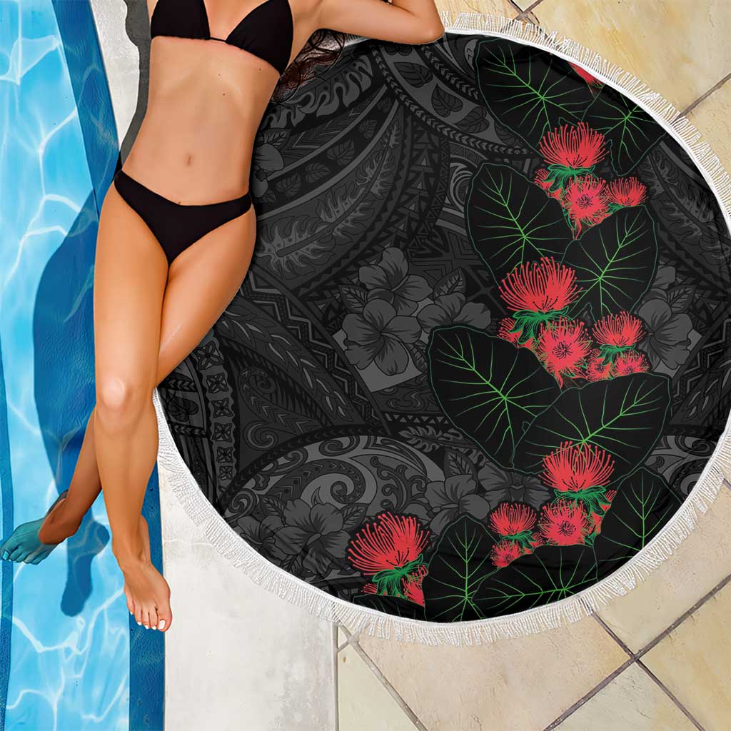 Hawaiian Taro Leaves and Ohia Lehua Beach Blanket Polynesian Tribal Art Tropical Plants Motifs Grayscale LT03 - Polynesian Pride