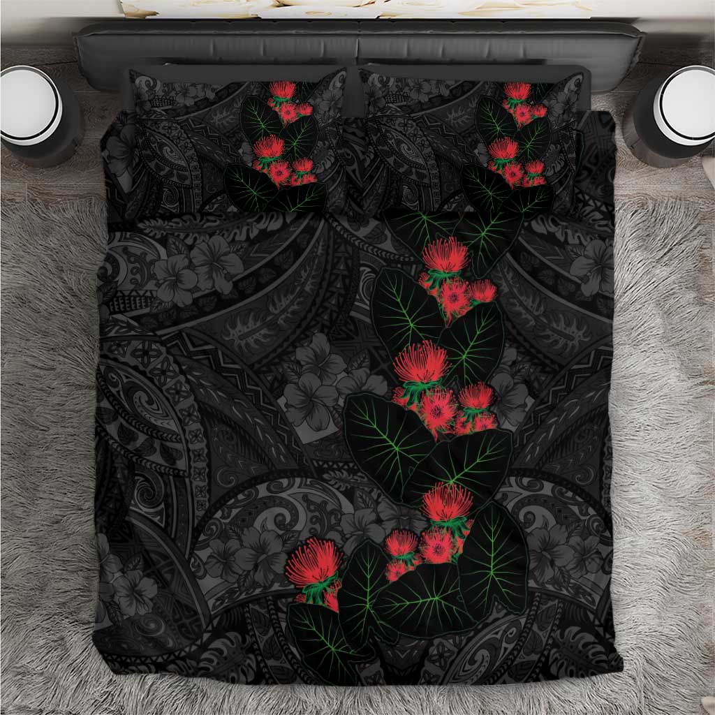 Hawaiian Taro Leaves and Ohia Lehua Bedding Set Polynesian Tribal Art Tropical Plants Motifs Grayscale LT03 Multicolor - Polynesian Pride