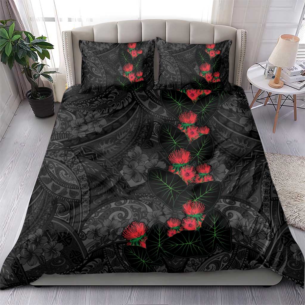 Hawaiian Taro Leaves and Ohia Lehua Bedding Set Polynesian Tribal Art Tropical Plants Motifs Grayscale LT03 - Polynesian Pride