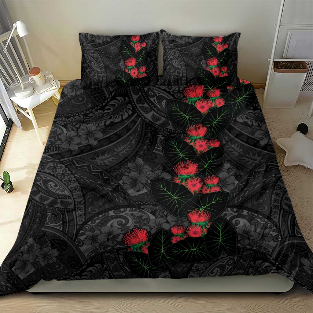 Hawaiian Taro Leaves and Ohia Lehua Bedding Set Polynesian Tribal Art Tropical Plants Motifs Grayscale LT03 - Polynesian Pride