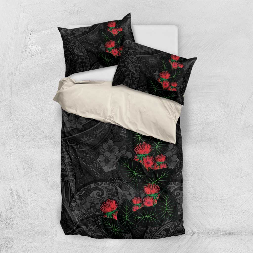 Hawaiian Taro Leaves and Ohia Lehua Bedding Set Polynesian Tribal Art Tropical Plants Motifs Grayscale LT03 US Twin 172cm x 218cm Multicolor - Polynesian Pride