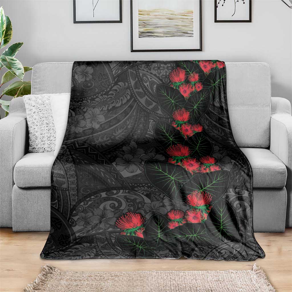 Hawaiian Taro Leaves and Ohia Lehua Blanket Polynesian Tribal Art Tropical Plants Motifs Grayscale LT03 - Polynesian Pride
