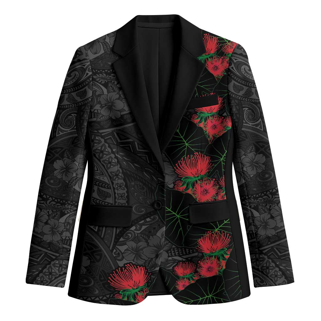Hawaiian Taro Leaves and Ohia Lehua Blazer Polynesian Tribal Art Tropical Plants Motifs Grayscale