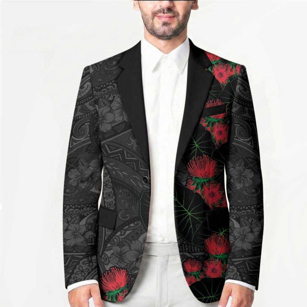 Hawaiian Taro Leaves and Ohia Lehua Blazer Polynesian Tribal Art Tropical Plants Motifs Grayscale LT03 - Polynesian Pride