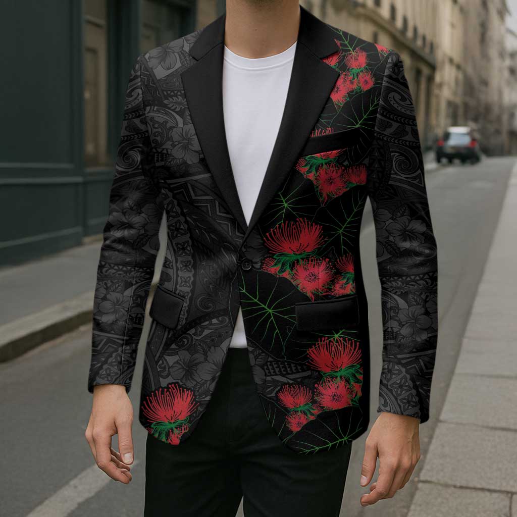 Hawaiian Taro Leaves and Ohia Lehua Blazer Polynesian Tribal Art Tropical Plants Motifs Grayscale LT03 - Polynesian Pride
