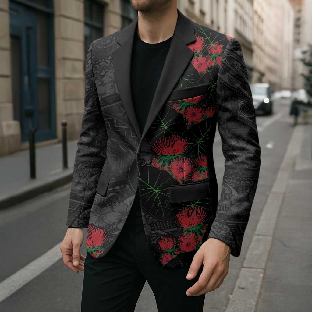 Hawaiian Taro Leaves and Ohia Lehua Blazer Polynesian Tribal Art Tropical Plants Motifs Grayscale LT03 - Polynesian Pride