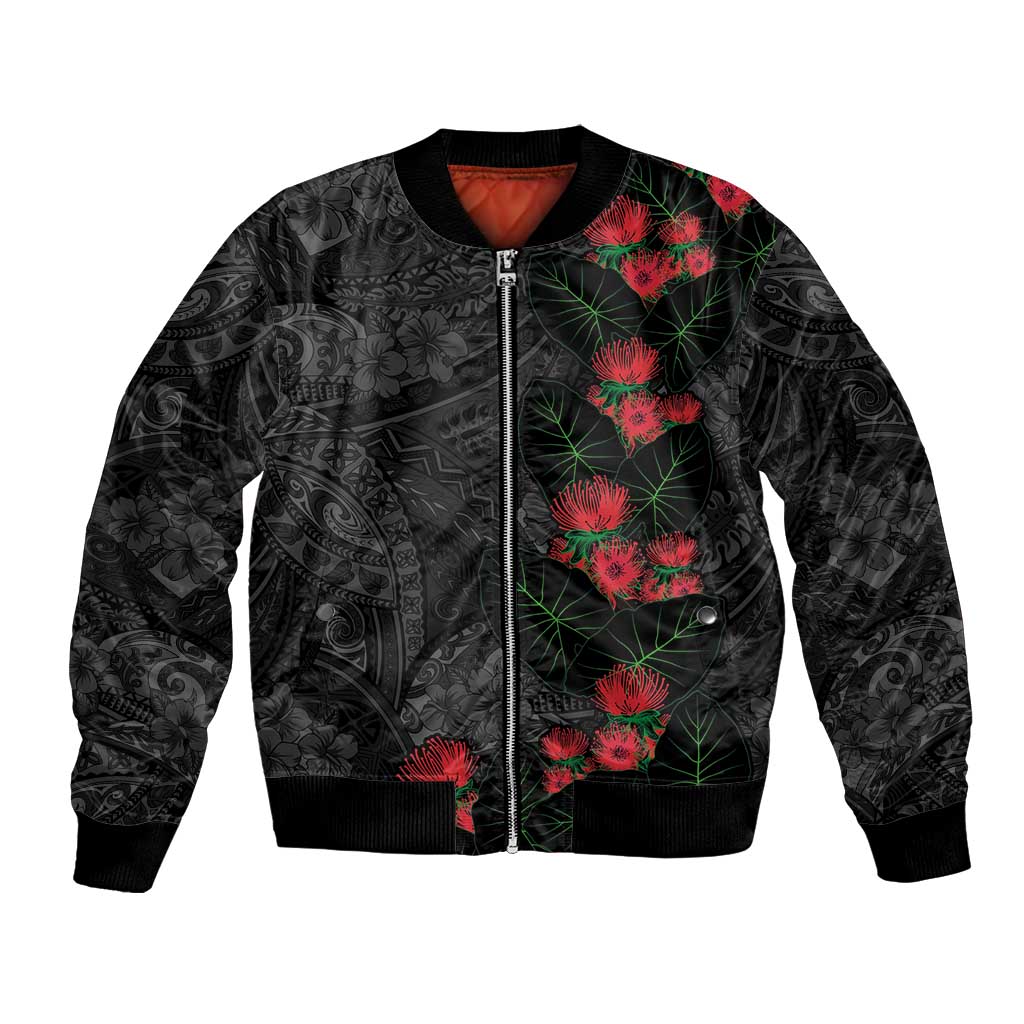 Hawaiian Taro Leaves and Ohia Lehua Bomber Jacket Polynesian Tribal Art Tropical Plants Motifs Grayscale LT03 Unisex Multicolor - Polynesian Pride