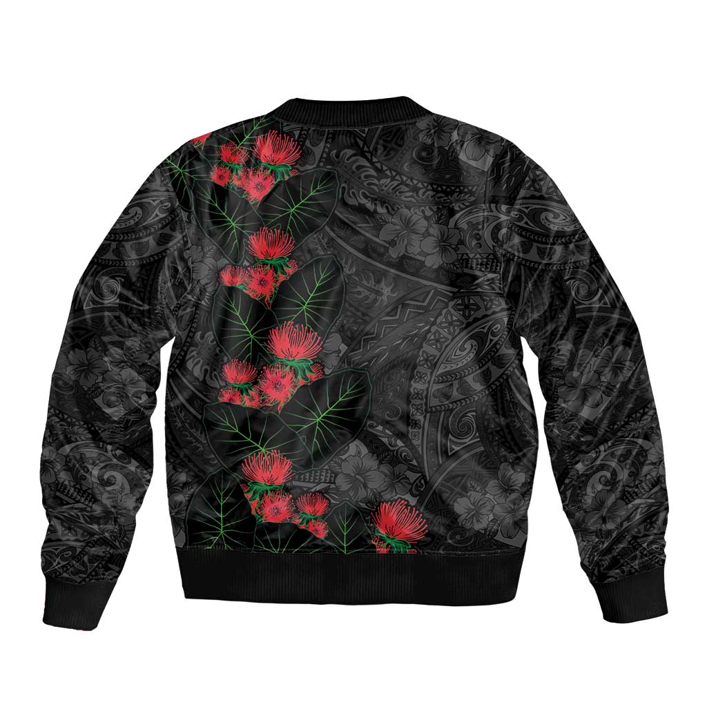 Hawaiian Taro Leaves and Ohia Lehua Bomber Jacket Polynesian Tribal Art Tropical Plants Motifs Grayscale LT03 - Polynesian Pride