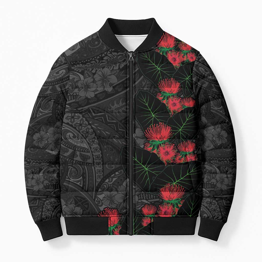 Hawaiian Taro Leaves and Ohia Lehua Bomber Puffer Jacket Polynesian Tribal Art Tropical Plants Motifs Grayscale LT03 Unisex Multicolor - Polynesian Pride
