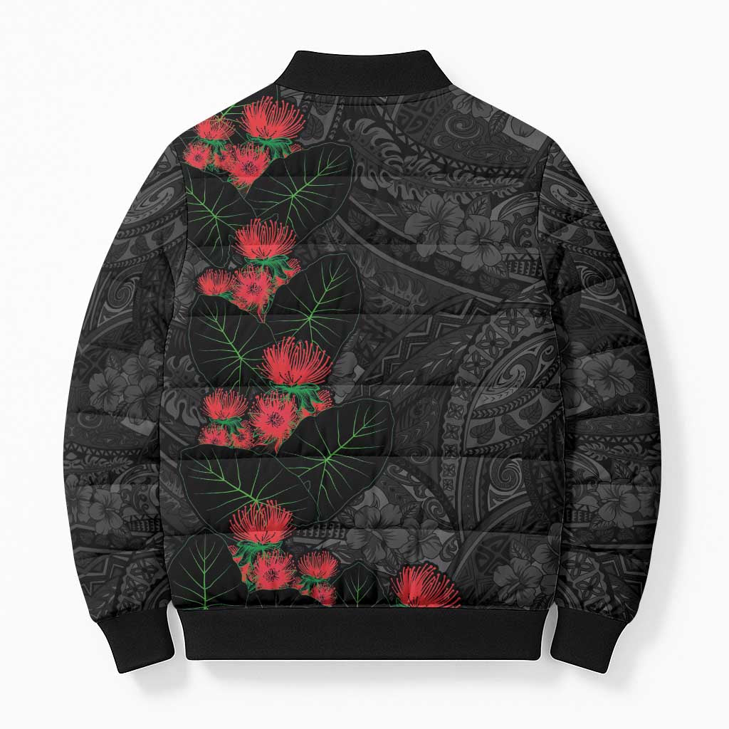Hawaiian Taro Leaves and Ohia Lehua Bomber Puffer Jacket Polynesian Tribal Art Tropical Plants Motifs Grayscale LT03 - Polynesian Pride
