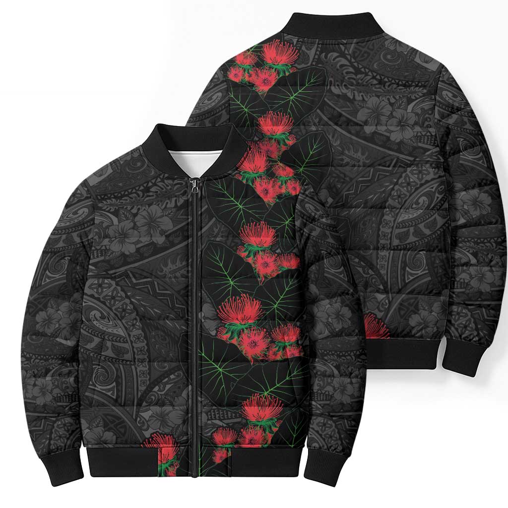 Hawaiian Taro Leaves and Ohia Lehua Bomber Puffer Jacket Polynesian Tribal Art Tropical Plants Motifs Grayscale LT03 - Polynesian Pride