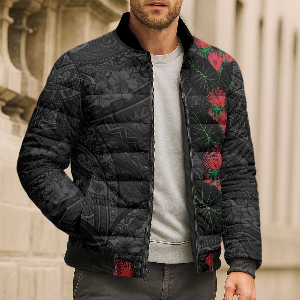 Hawaiian Taro Leaves and Ohia Lehua Bomber Puffer Jacket Polynesian Tribal Art Tropical Plants Motifs Grayscale LT03 - Polynesian Pride