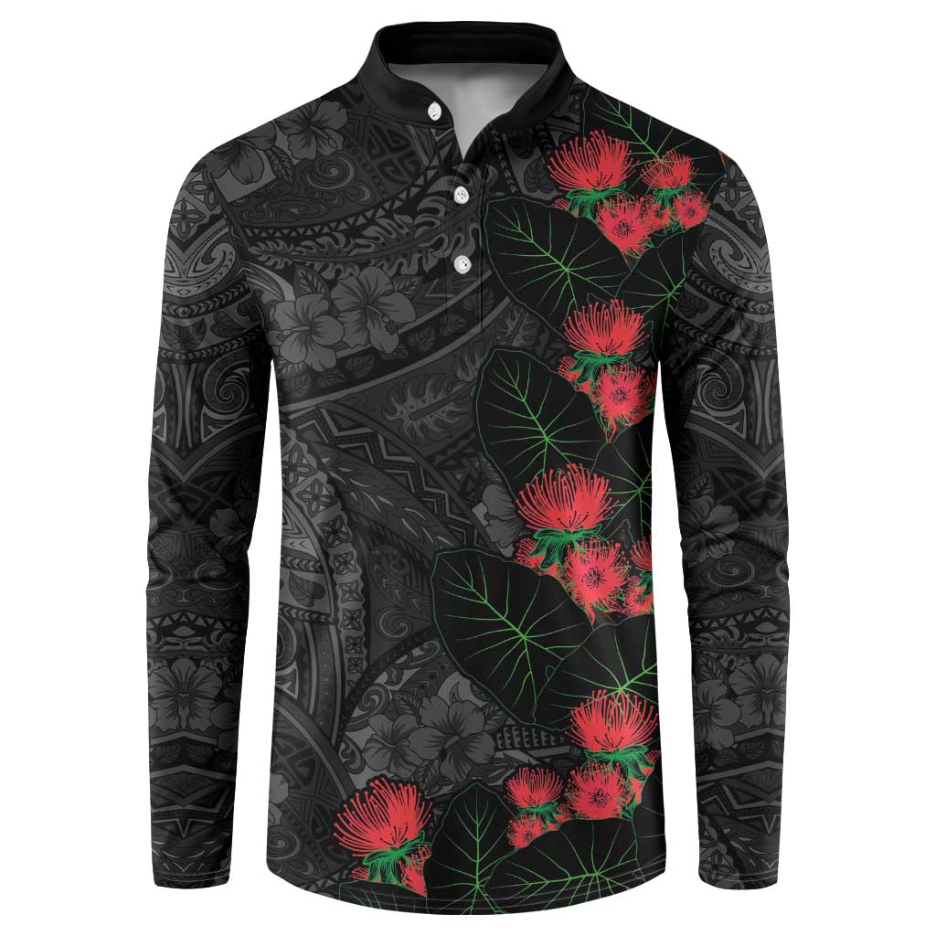 Hawaiian Taro Leaves and Ohia Lehua Button Sweatshirt Polynesian Tribal Art Tropical Plants Motifs Grayscale LT03 Multicolor - Polynesian Pride