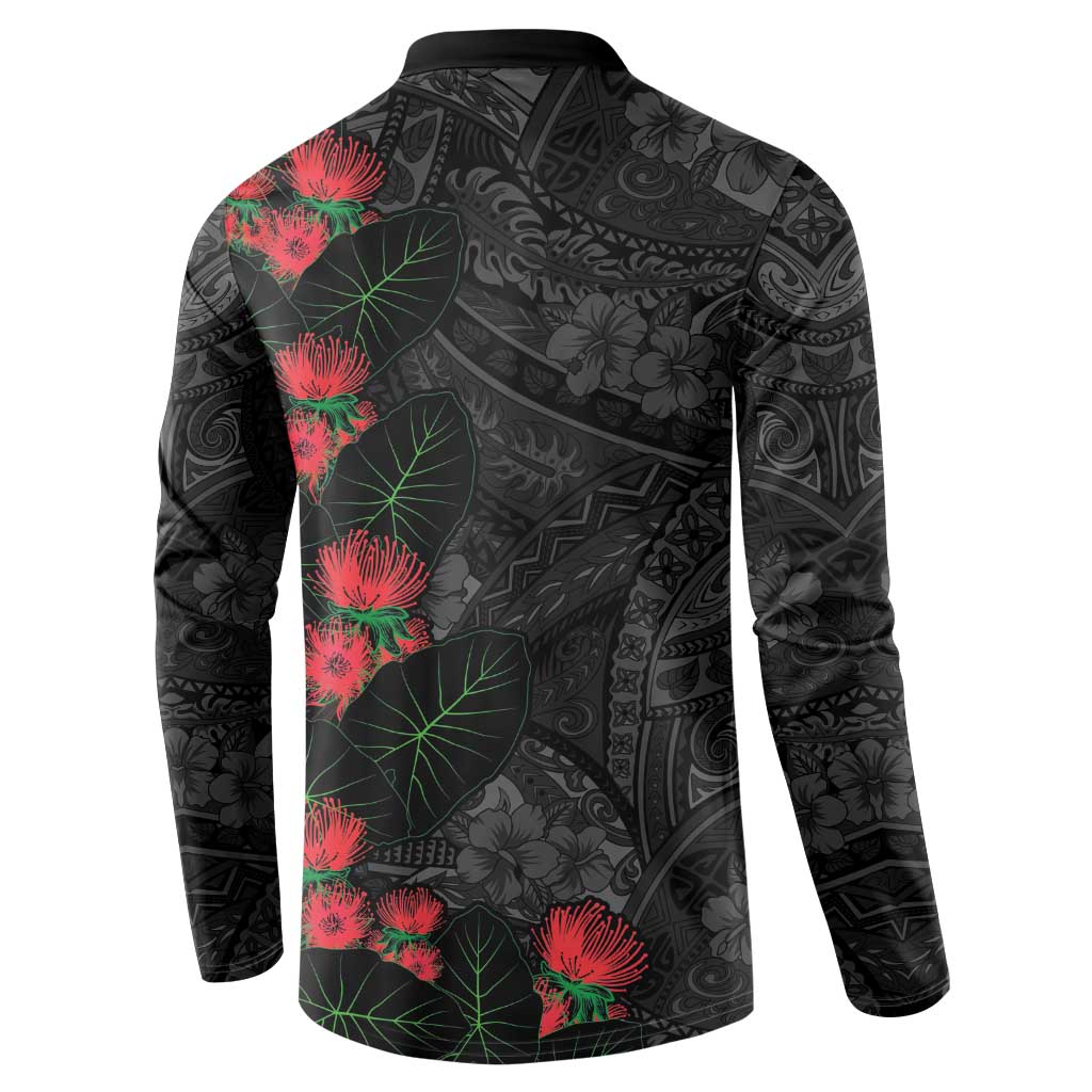 Hawaiian Taro Leaves and Ohia Lehua Button Sweatshirt Polynesian Tribal Art Tropical Plants Motifs Grayscale LT03 - Polynesian Pride