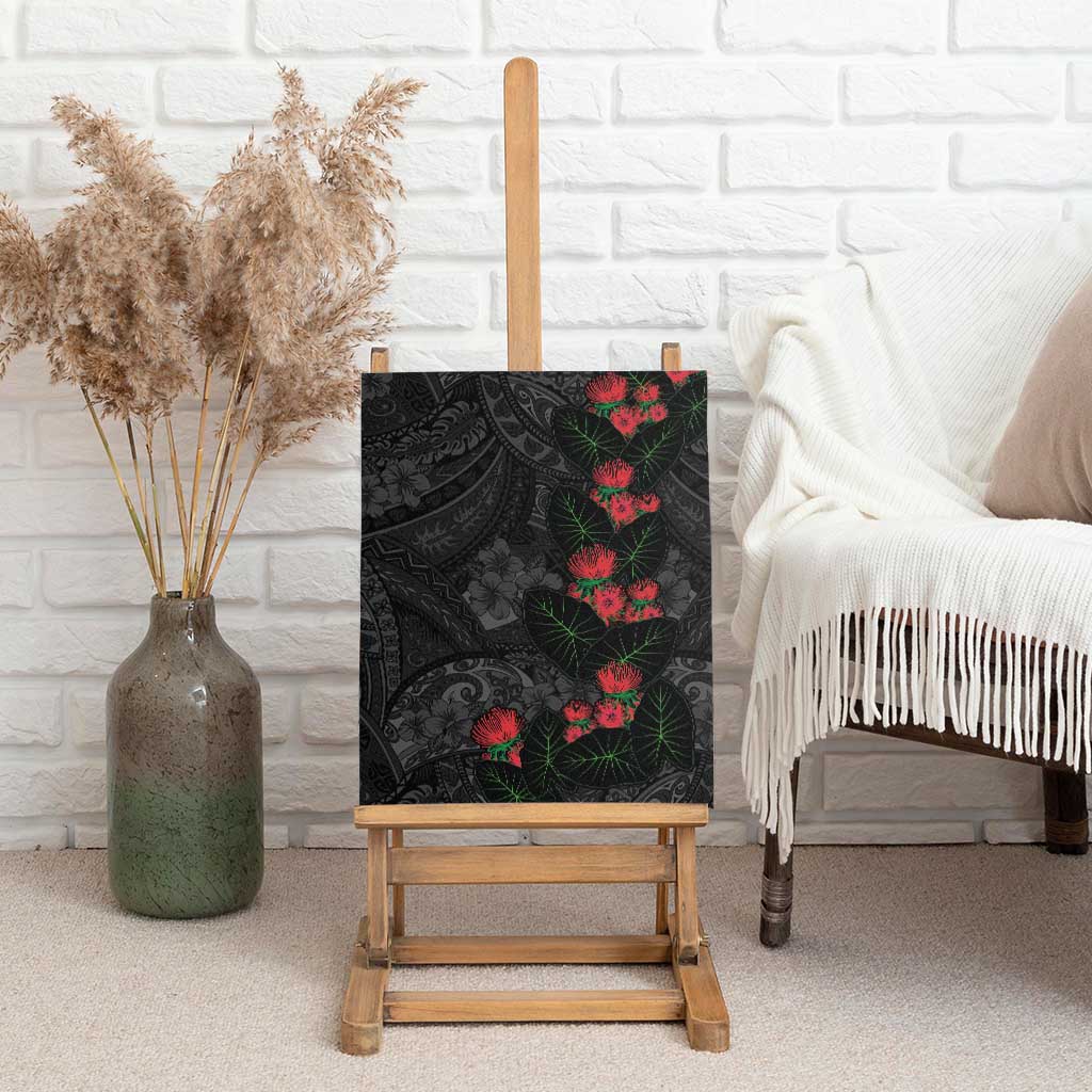Hawaiian Taro Leaves and Ohia Lehua Canvas Wall Art Polynesian Tribal Art Tropical Plants Motifs Grayscale LT03 - Polynesian Pride