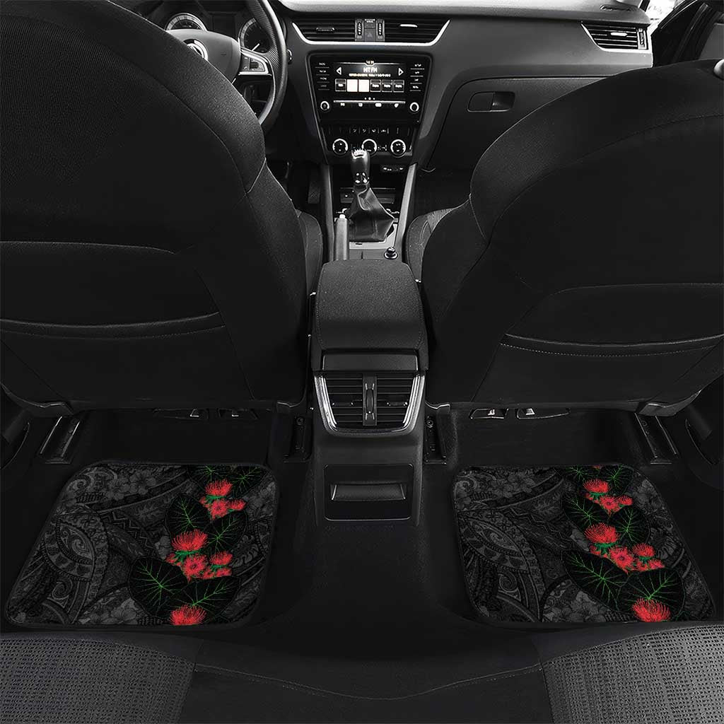 Hawaiian Taro Leaves and Ohia Lehua Car Mats Polynesian Tribal Art Tropical Plants Motifs Grayscale LT03 Set 2pcs - Back Multicolor - Polynesian Pride
