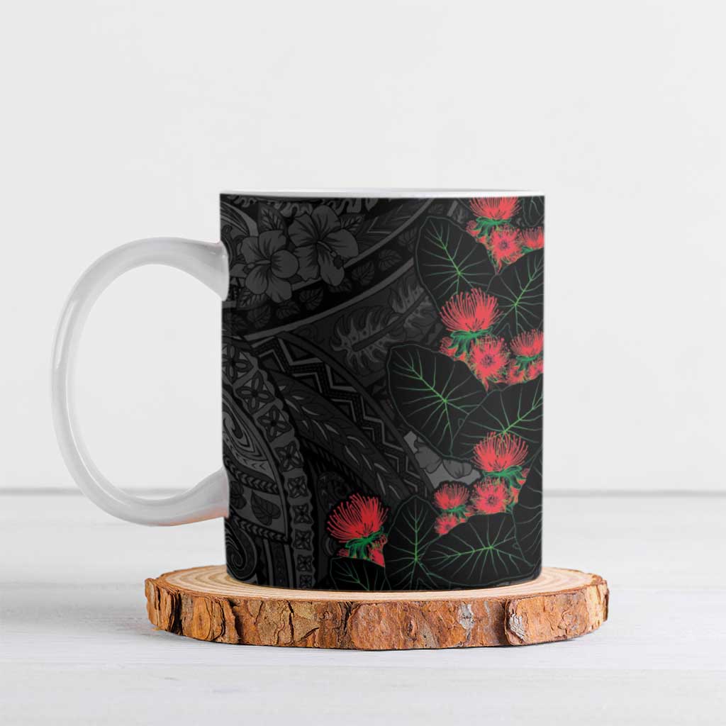 Hawaiian Taro Leaves and Ohia Lehua Ceramic Mug Polynesian Tribal Art Tropical Plants Motifs Grayscale LT03 Multicolor - Polynesian Pride