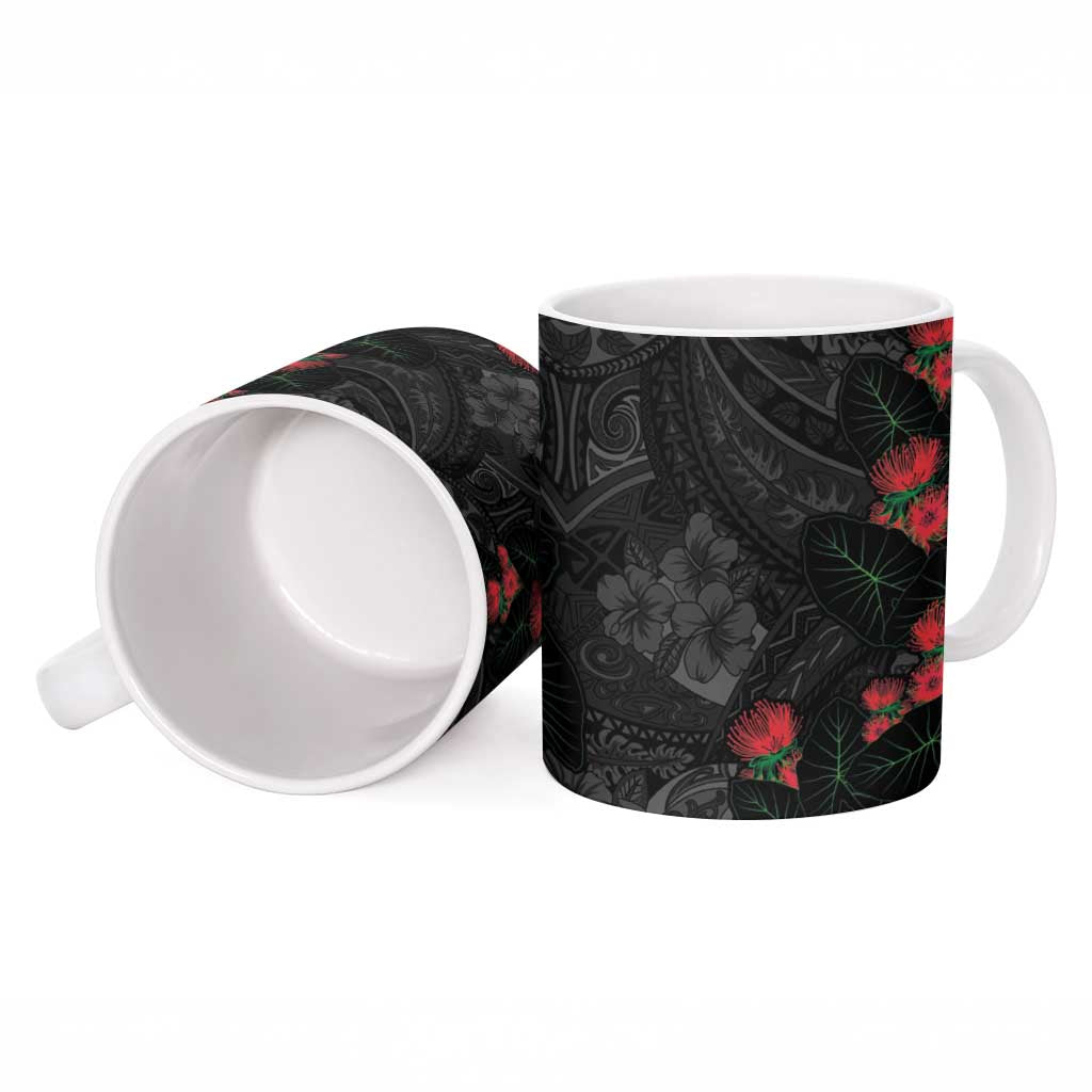 Hawaiian Taro Leaves and Ohia Lehua Ceramic Mug Polynesian Tribal Art Tropical Plants Motifs Grayscale LT03 - Polynesian Pride