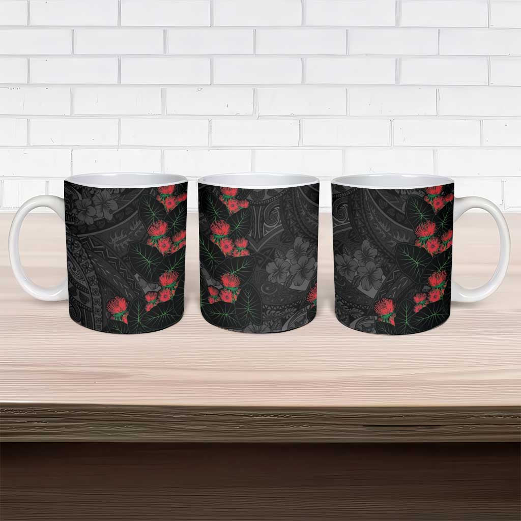 Hawaiian Taro Leaves and Ohia Lehua Ceramic Mug Polynesian Tribal Art Tropical Plants Motifs Grayscale LT03 - Polynesian Pride
