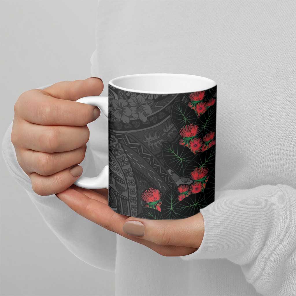 Hawaiian Taro Leaves and Ohia Lehua Ceramic Mug Polynesian Tribal Art Tropical Plants Motifs Grayscale LT03 - Polynesian Pride