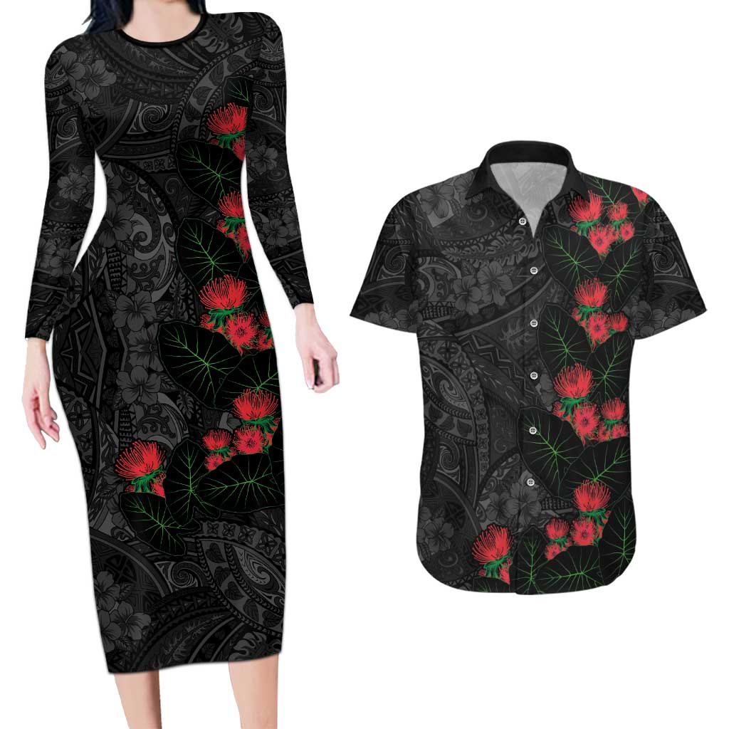Hawaiian Taro Leaves and Ohia Lehua Couples Matching Long Sleeve Bodycon Dress and Hawaiian Shirt Polynesian Tribal Art Tropical Plants Motifs Grayscale LT03 Multicolor - Polynesian Pride