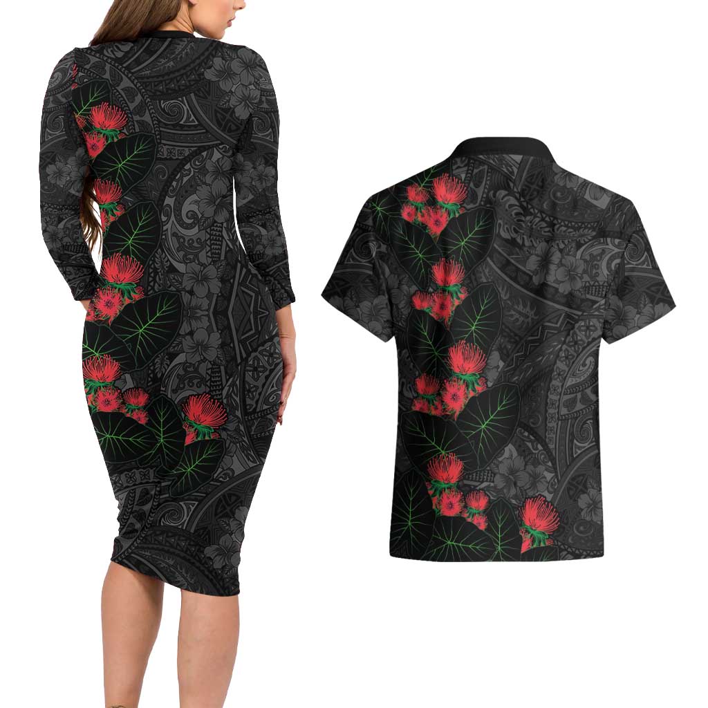 Hawaiian Taro Leaves and Ohia Lehua Couples Matching Long Sleeve Bodycon Dress and Hawaiian Shirt Polynesian Tribal Art Tropical Plants Motifs Grayscale LT03 - Polynesian Pride