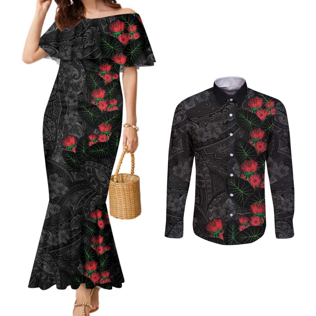 Hawaiian Taro Leaves and Ohia Lehua Couples Matching Mermaid Dress and Long Sleeve Button Shirt Polynesian Tribal Art Tropical Plants Motifs Grayscale