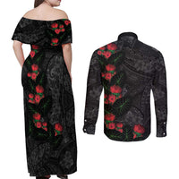 Hawaiian Taro Leaves and Ohia Lehua Couples Matching Off Shoulder Maxi Dress and Long Sleeve Button Shirt Polynesian Tribal Art Tropical Plants Motifs Grayscale LT03 - Polynesian Pride