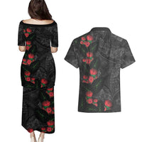 Hawaiian Taro Leaves and Ohia Lehua Couples Matching Puletasi and Hawaiian Shirt Polynesian Tribal Art Tropical Plants Motifs Grayscale LT03 - Polynesian Pride