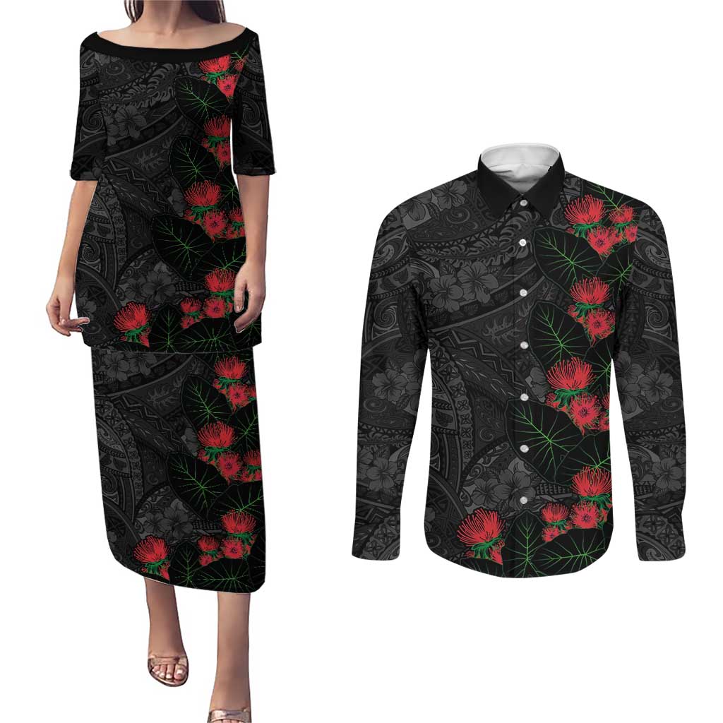 Hawaiian Taro Leaves and Ohia Lehua Couples Matching Puletasi and Long Sleeve Button Shirt Polynesian Tribal Art Tropical Plants Motifs Grayscale LT03 Multicolor - Polynesian Pride