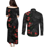 Hawaiian Taro Leaves and Ohia Lehua Couples Matching Puletasi and Long Sleeve Button Shirt Polynesian Tribal Art Tropical Plants Motifs Grayscale LT03 - Polynesian Pride