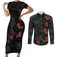 Hawaiian Taro Leaves and Ohia Lehua Couples Matching Short Sleeve Bodycon Dress and Long Sleeve Button Shirt Polynesian Tribal Art Tropical Plants Motifs Grayscale LT03 Multicolor - Polynesian Pride