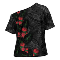 Hawaiian Taro Leaves and Ohia Lehua Cross Shoulder Shirt Polynesian Tribal Art Tropical Plants Motifs Grayscale LT03 - Polynesian Pride