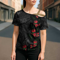 Hawaiian Taro Leaves and Ohia Lehua Cross Shoulder Shirt Polynesian Tribal Art Tropical Plants Motifs Grayscale LT03 - Polynesian Pride