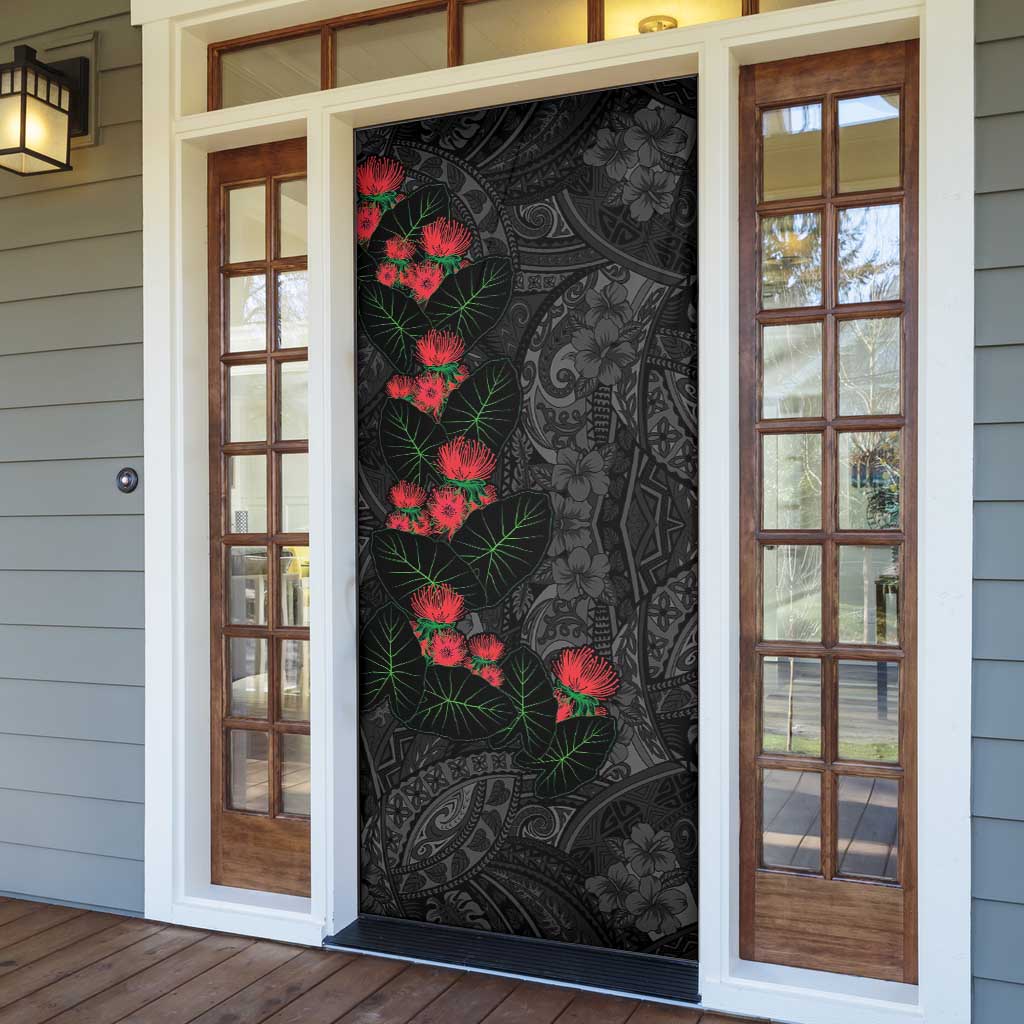 Hawaiian Taro Leaves and Ohia Lehua Door Cover Polynesian Tribal Art Tropical Plants Motifs Grayscale LT03 - Polynesian Pride