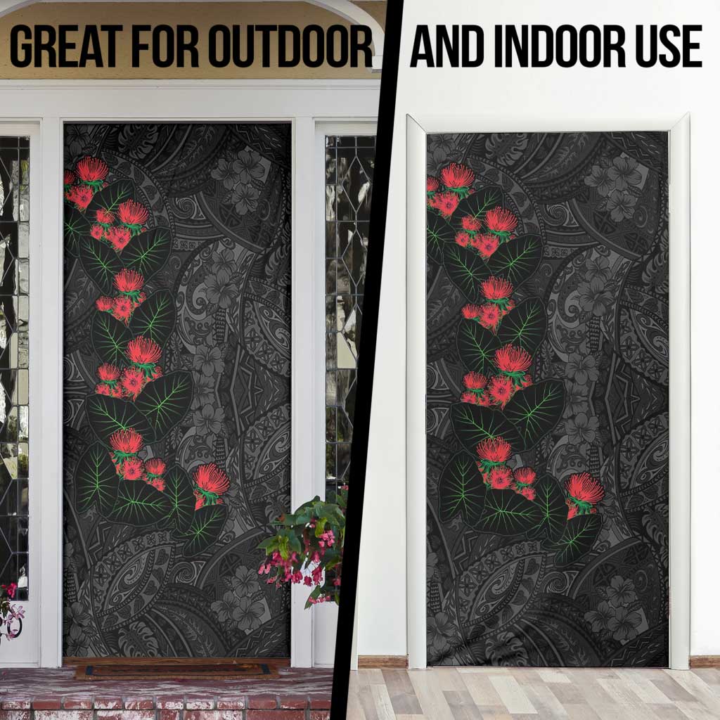 Hawaiian Taro Leaves and Ohia Lehua Door Cover Polynesian Tribal Art Tropical Plants Motifs Grayscale LT03 - Polynesian Pride